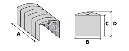 Schema tecnico tensostruttura Metexa, dimensioni A, B, C, D dettagliate.